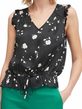 Banana Republic Black Floral Ruffle Drawstring V-Neck Camisole
